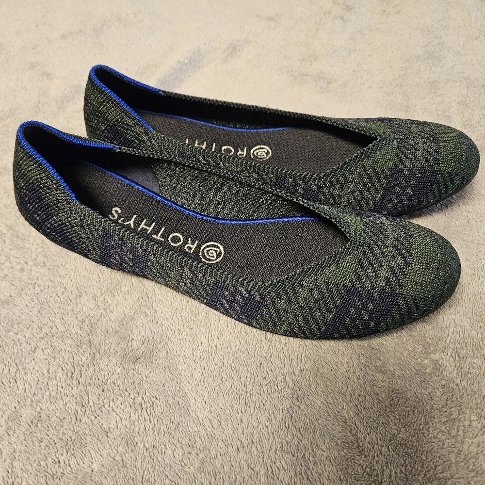 Rothy's Forest Tartan Navy Plaid Round Flats Size 10 - Picture 5 of 12